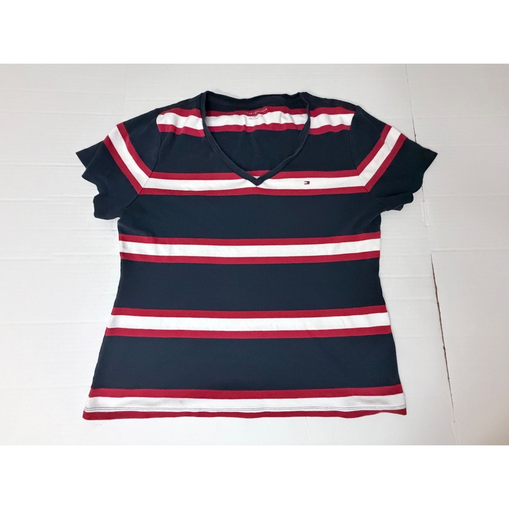 Tommy Hilfiger Womens XXL V-Neck T-Shirt Navy Blue Red White Striped Logo Tee